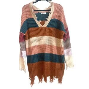 Miracle Multicolor Block Stripe Chunky Knit Fray Boho Sweater